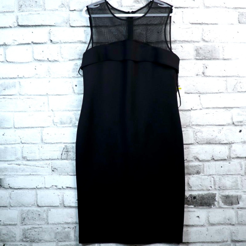 NWT Calvin Klein Dress 14 Black LBD Sheer Mesh Neckline